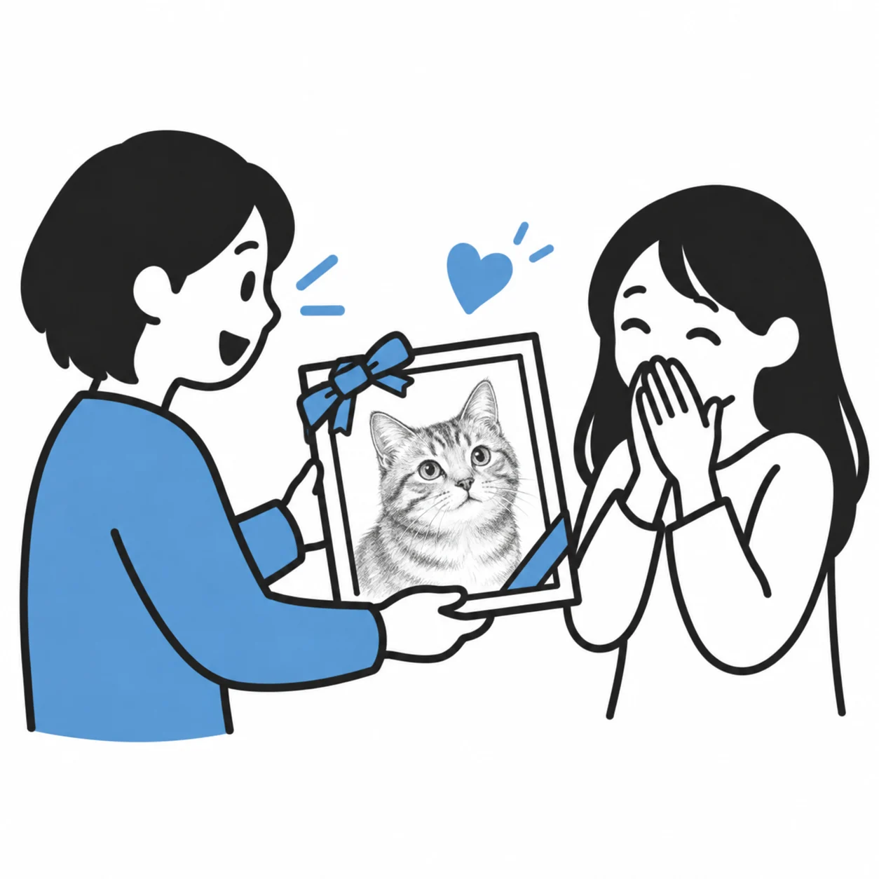 大切な人へペットの鉛筆画を贈る様子