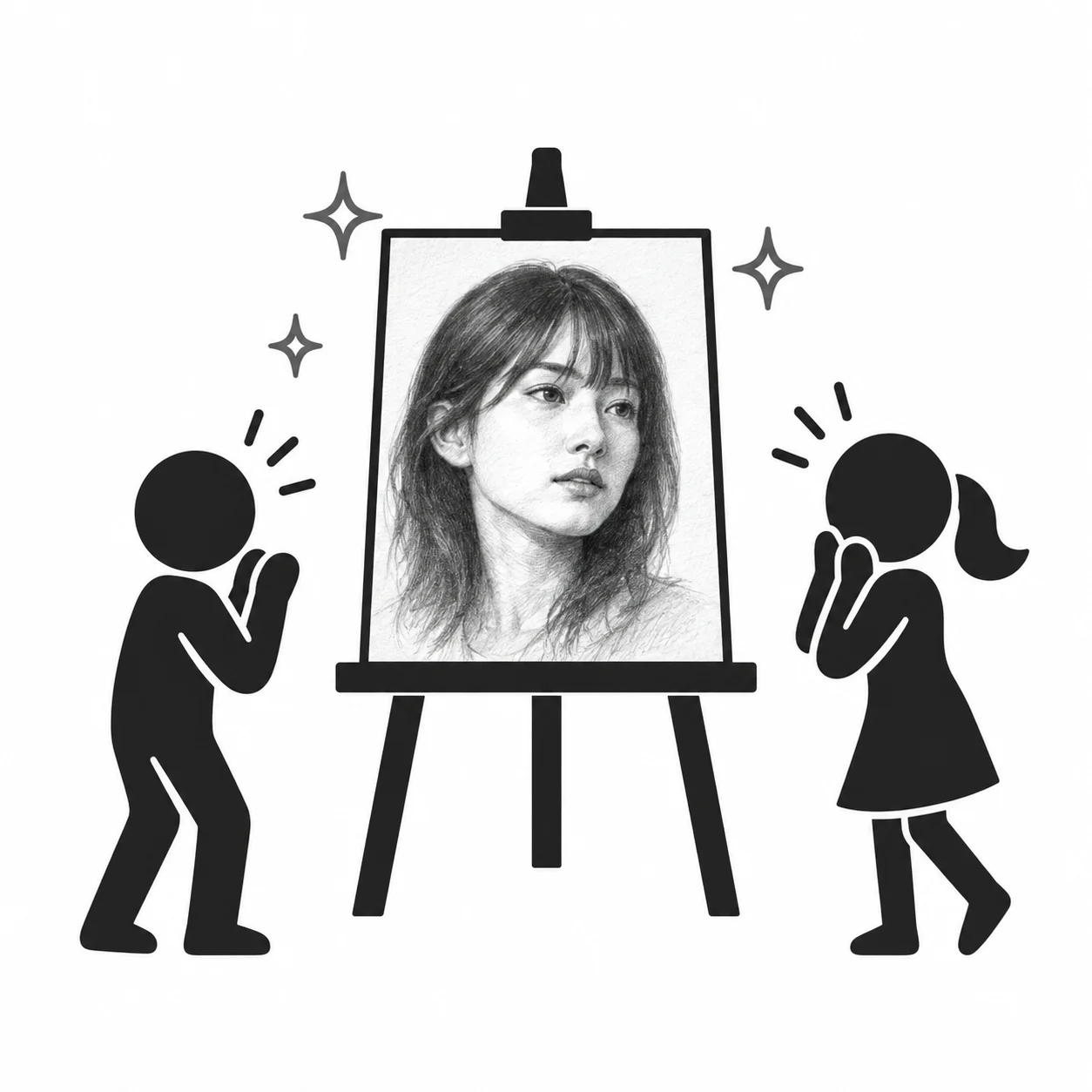 完成した人物の鉛筆画を見て驚く人たち