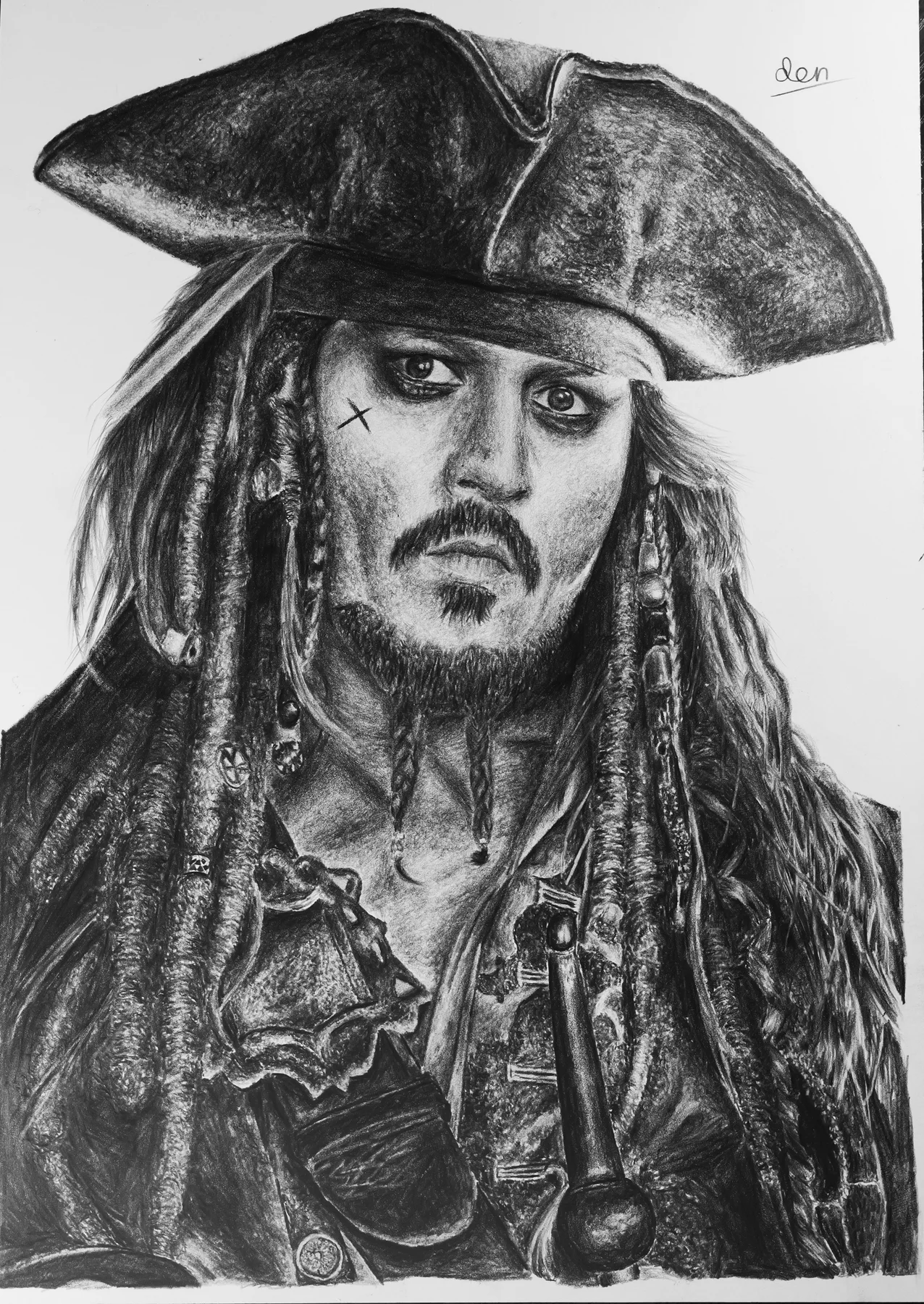 帽子をかぶった人物を描いたリアリスティック鉛筆画